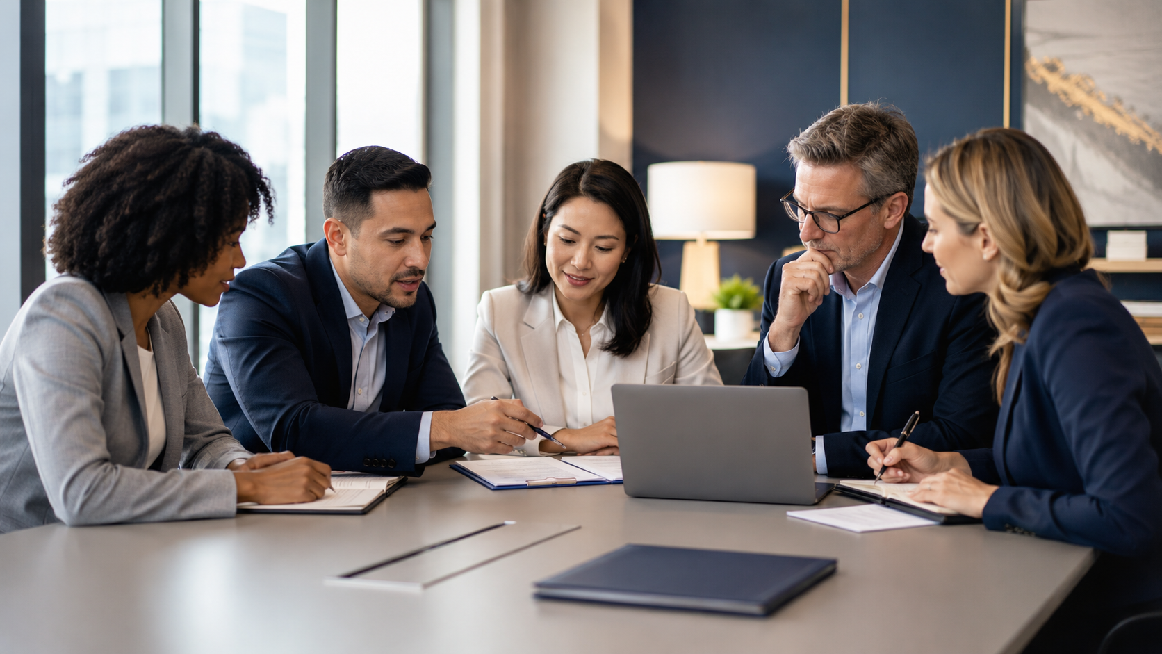 Professional consultation team reviewing client information